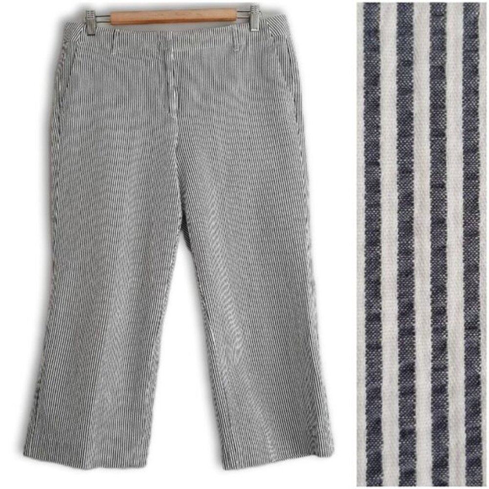 TALBOTS | Chelsea Crop Capri Seersucker Fabric Pants Stripe Gray White Sz 10